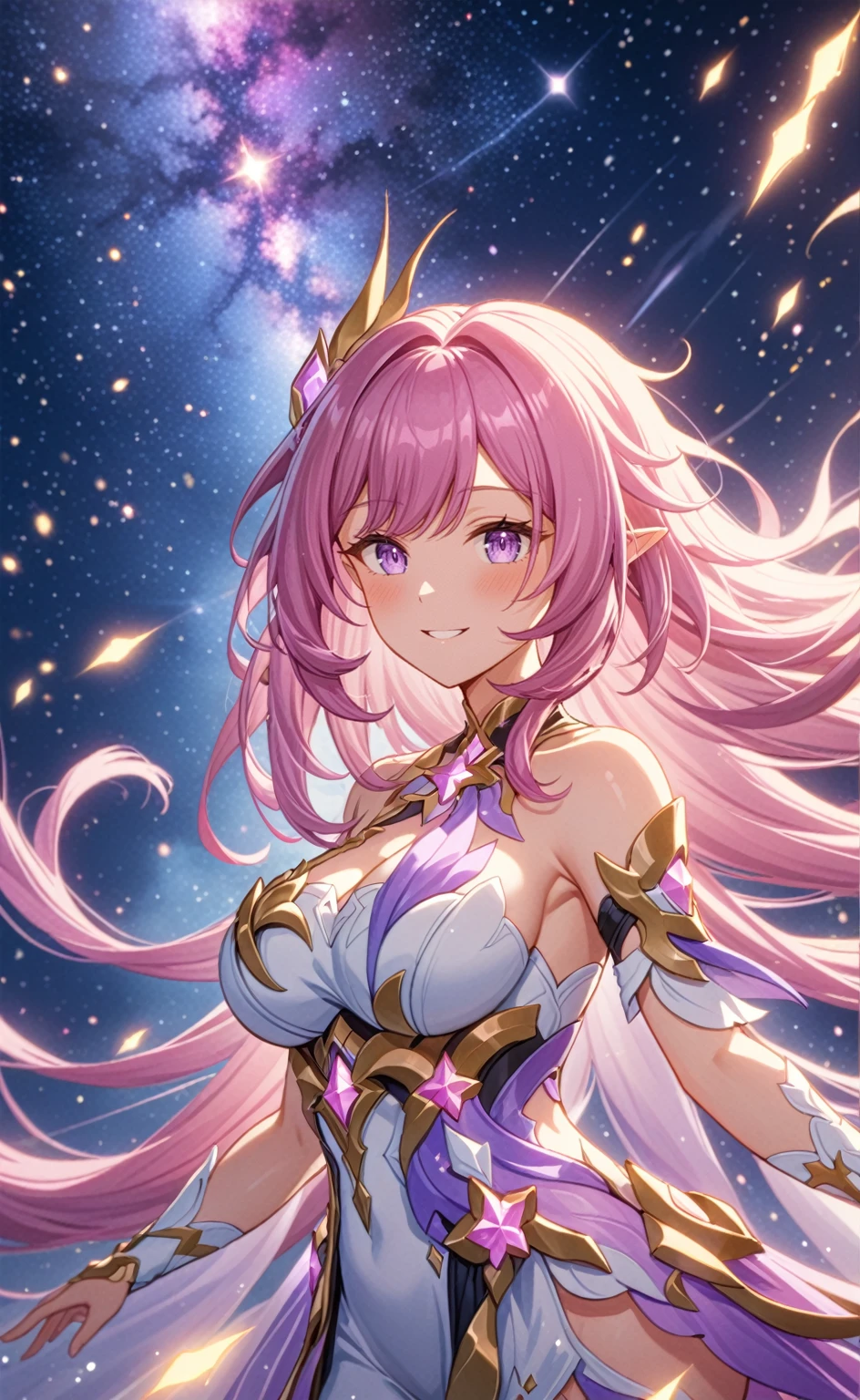 ai-generated,very aesthetic,1girl,elysia_/(herrscher_of_human:ego/)_/(honkai_impact/),pointed_ears,pink_hair,dreamy anime fantasy background,raytracing,light purple eyes,well-defined pink diamond pupils,floating,light particles,dsmile,breathtakingly gorgeous multicolored starry sky,gentle smile,celestial,intricate,large breasts,goddess,vibrant rich hdr color,cel shading,(best quality,4k,8k,highres,masterpiece:1.2),((full body)),Bloom, Ray Tracing, God Rays, 