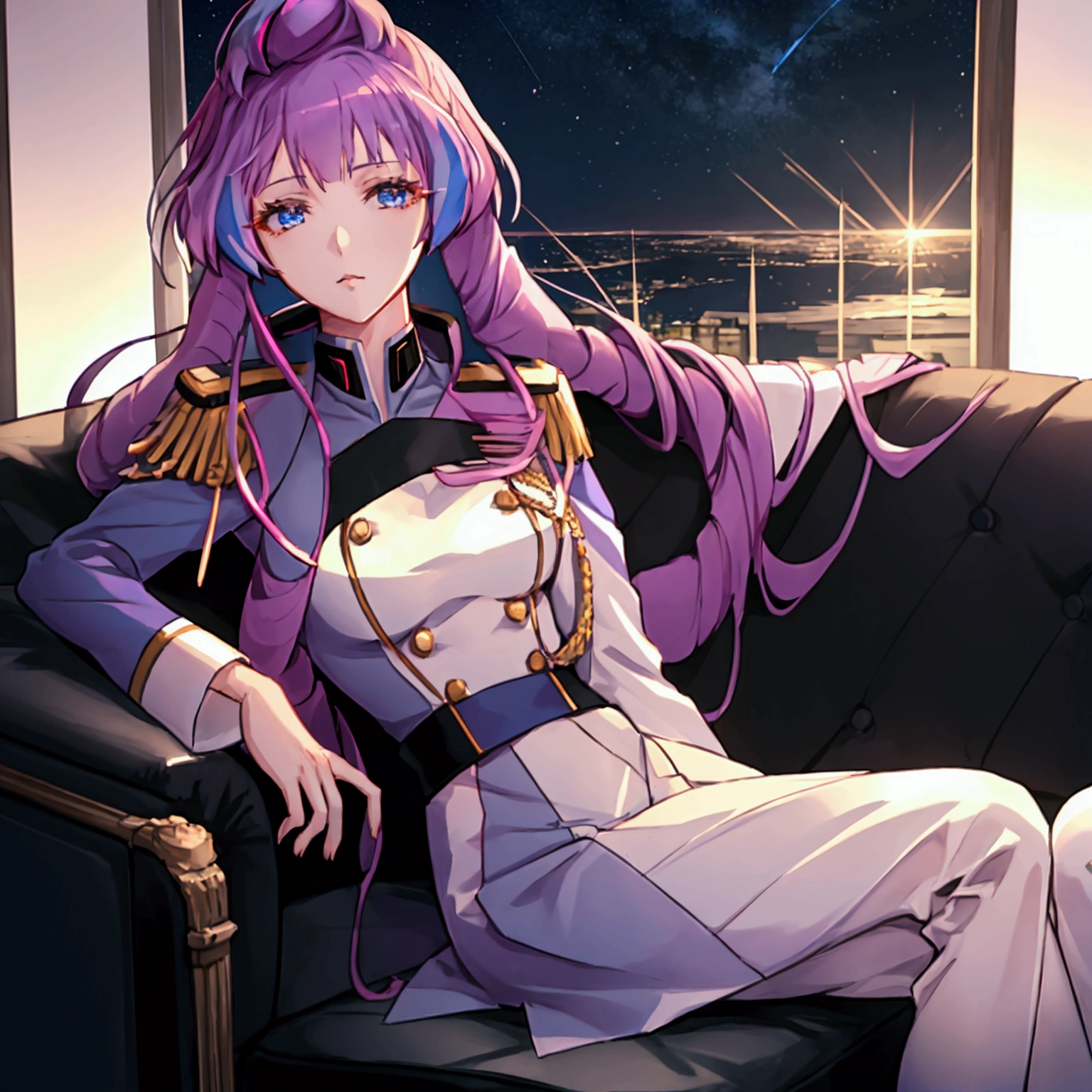 Night sky background, night time, Military uniform, dark blue uniform, white cape, 1girl, solo,  Mikumo Guynemer, Macross delta, high collar, shining hair, sitting on couch, facing viewer, arrogant, 