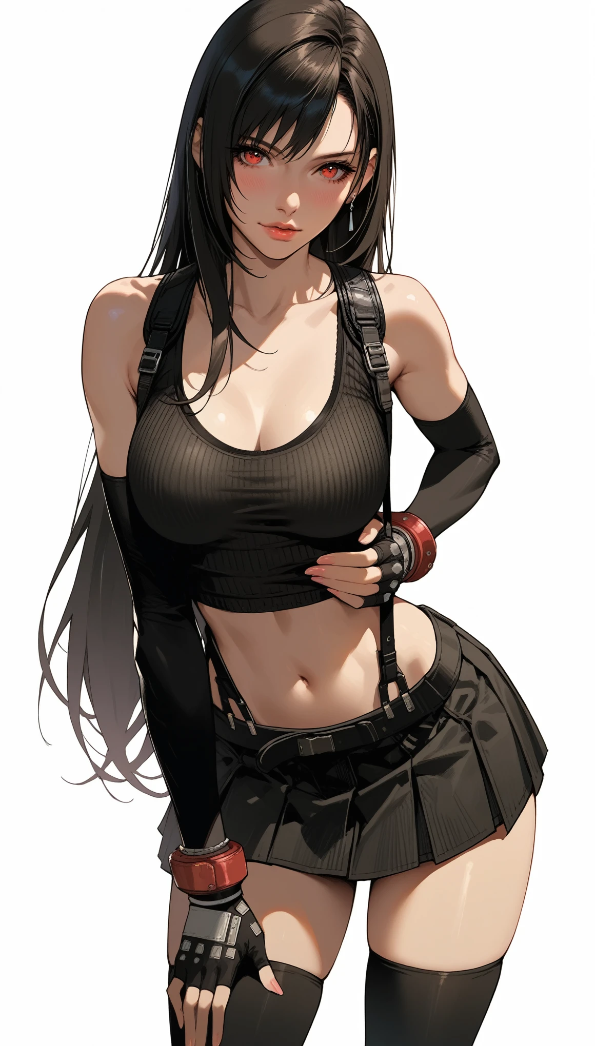 Anime girl with black hair and black leather pants holding a cell phone., Tifa Lockhart, Tifa, Tifa Lockhart portrait, seductive Tifa Lockhart portrait, Tifa lockheart, portrait of Tifa Lockhart, glamorosa Tifa lockheart, Tifa Lockhart with white hair, anime rudo 8k, portrait ninja gaiden girl, female anime character, Thick