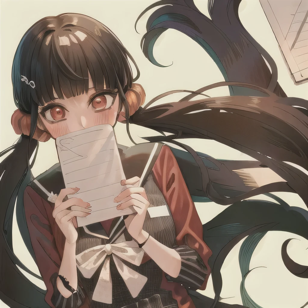 Bisexual Futa Maki Harukawa, Holding love letter for female viwer, solo, bangs, white background with words (Girls Love), upper body, looking at female viewer with shy blushing smile. Holding a love letter! 