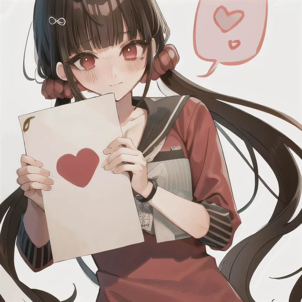 Bisexual Futa Maki Harukawa, Holding love letter with heart on it for female viwer, solo, bangs, white background with words (Girls Love), upper body, looking at female viewer with shy blushing smile. Holding a love letter with heart on it! 