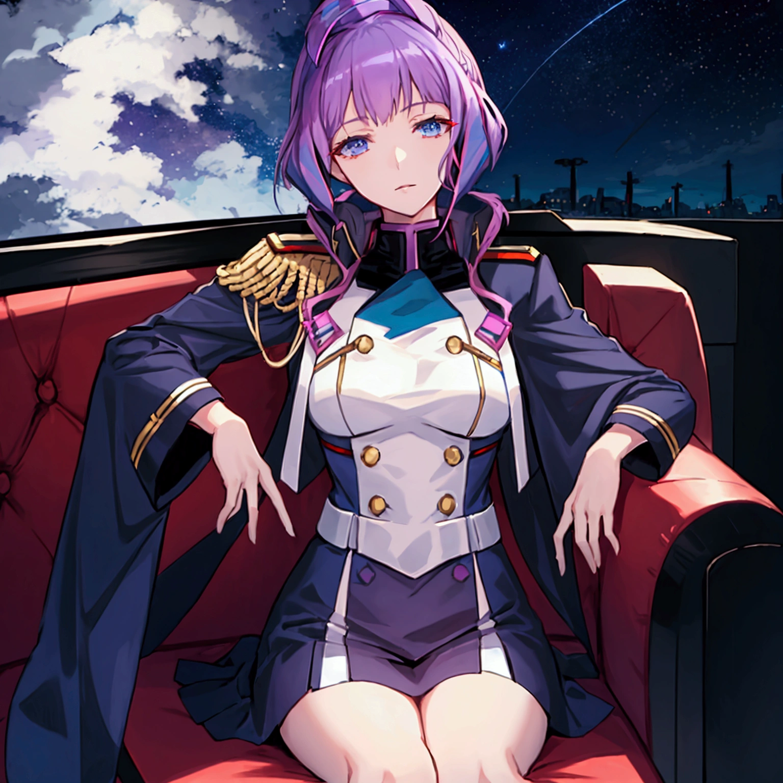 Night sky background, night time, Military uniform, dark blue uniform, white cape, 1girl, solo,  Mikumo Guynemer, Macross delta, high collar, shining hair, sitting on couch, facing viewer, arrogant, 