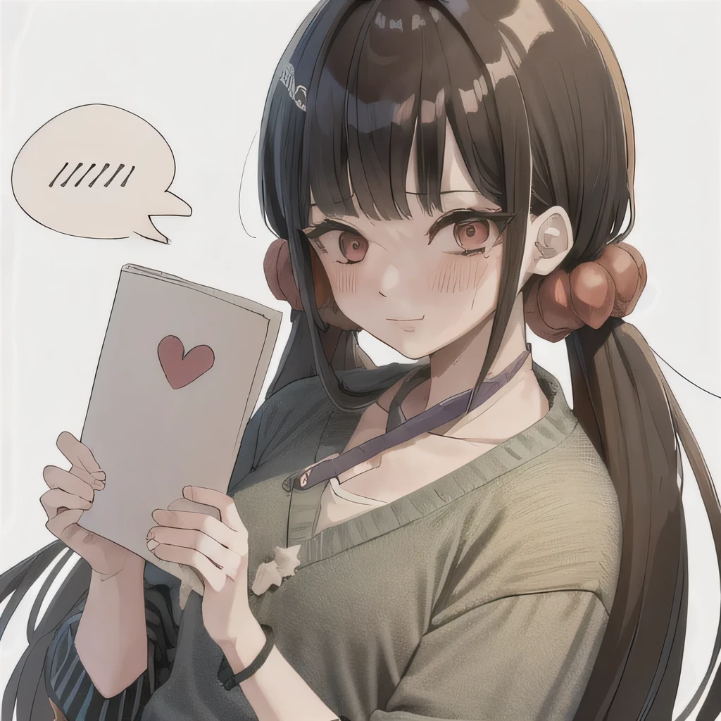 Bisexual Futa Maki Harukawa, Holding love letter with heart on it for female viwer, solo, bangs, white background with words (Girls Love), upper body, looking at female viewer with shy blushing smile. Holding a love letter with heart on it! 