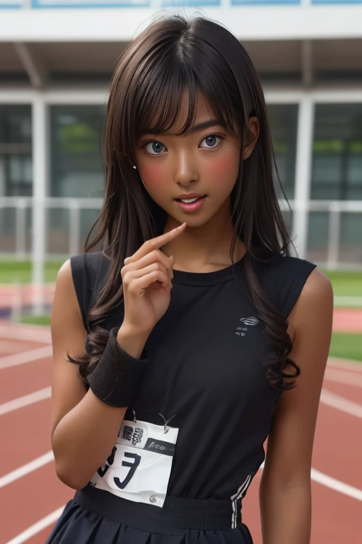 (((( one girl )))), Put your hand over your mouth、Beautiful breasts、 Brown eyes, ((Gal Hairstyles)) blonde, girl, (Eye and facial details:1.0), break, (masterpiece, Highest quality, Very detailed, Detailed face, 8k),( dark skin:1.8 ), (((( track and field uniform )))),( open mouth )