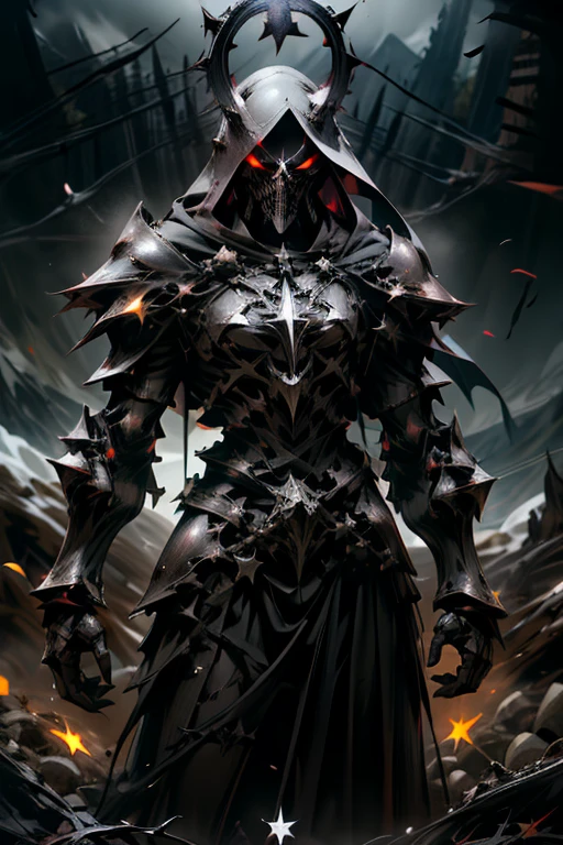 Armor Reaper, Dark armor, Black Halo, Armor with red and black flashes, mountains background, Broken Wings, Four-pointed star symbol on the chest, Destroy the world