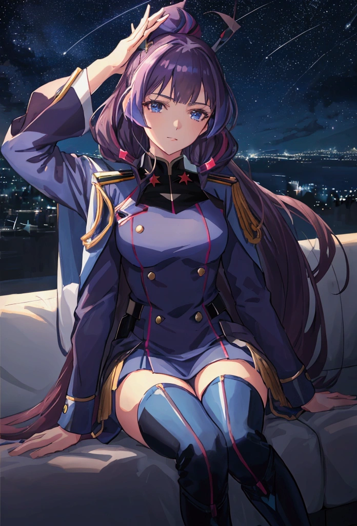 Night sky background, night time, Military uniform, dark blue uniform, white cape, 1girl, solo,  Mikumo Guynemer, Macross delta, high collar, shining hair, sitting on couch, facing viewer, arrogant, 