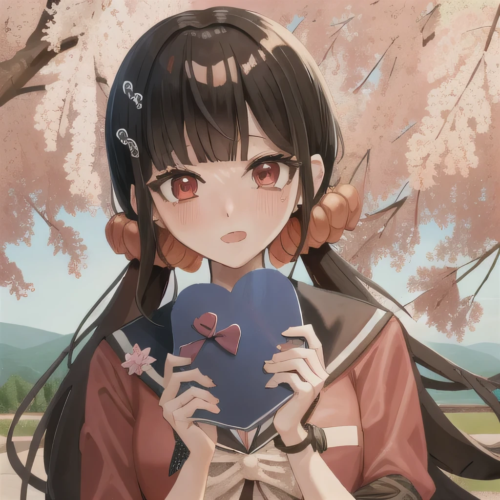 Bisexual Futa Maki Harukawa, Holding love letter with heart on it for female viwer, solo, bangs, school standing under sakura tree background with words (Girls Love), upper body, looking at female viewer with shy blushing smile. Holding a love letter with heart on it! 