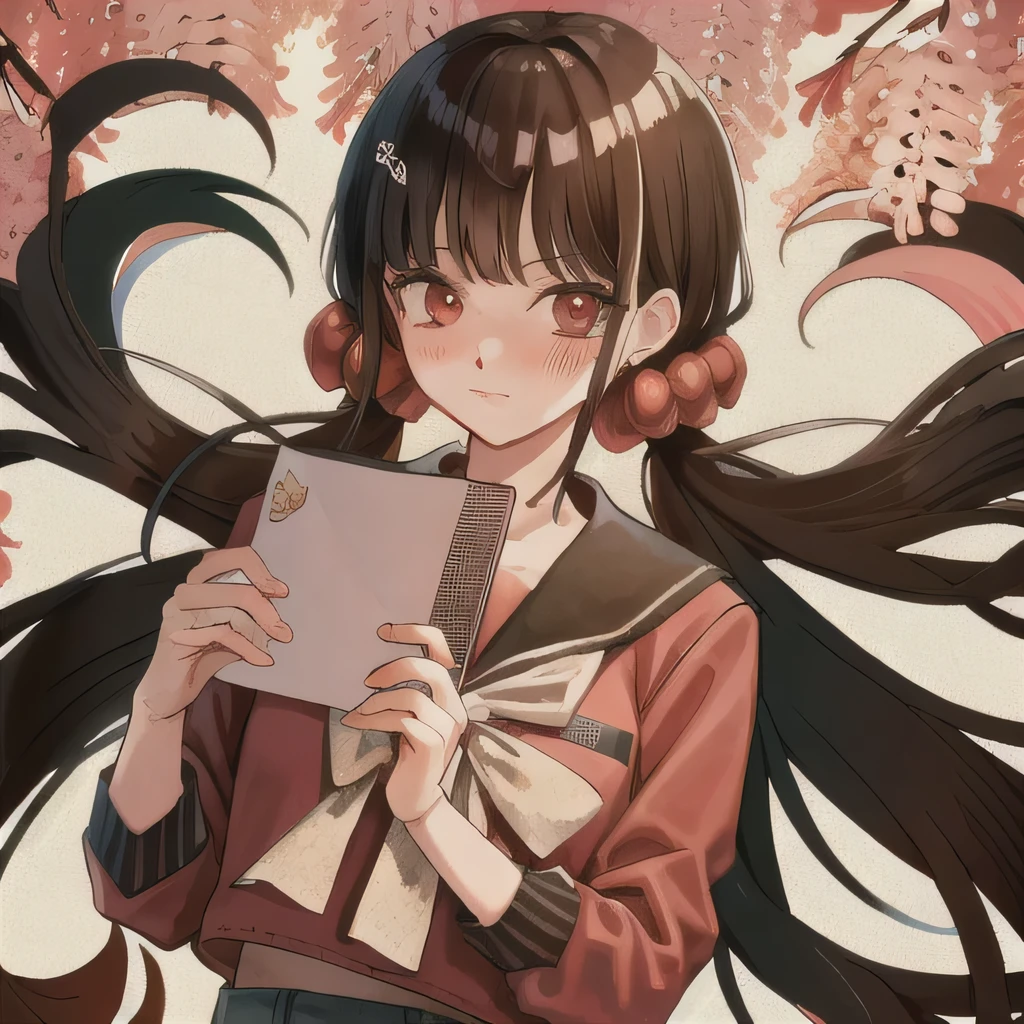 Bisexual Futa Maki Harukawa, Holding love letter with heart on it for female viwer, solo, bangs, school standing under sakura tree background with words (Girls Love), upper body, looking at female viewer with shy blushing smile. Holding a love letter with heart on it! 