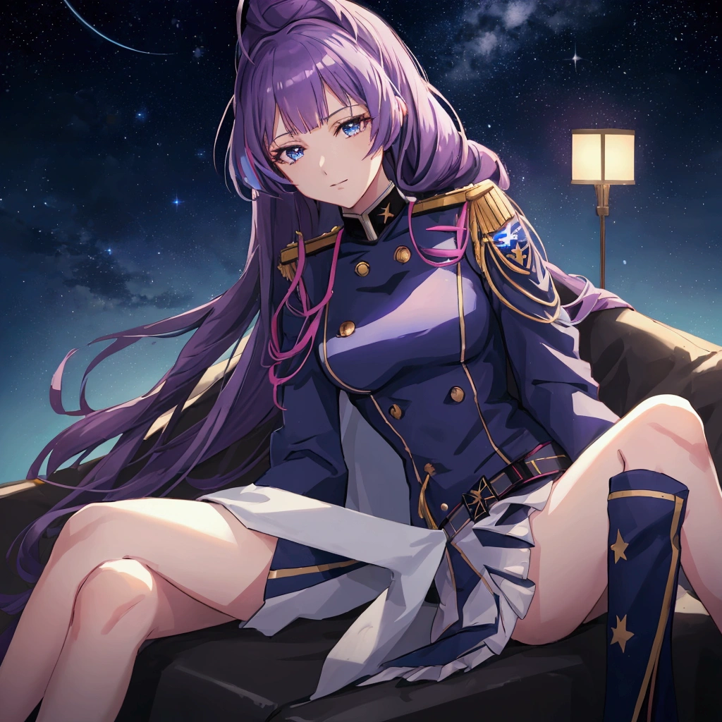 Night sky background, night time, Military uniform, dark blue uniform, white cape, 1girl, solo,  Mikumo Guynemer, Macross delta, high collar, shining hair, sitting on couch, facing viewer, arrogant, 