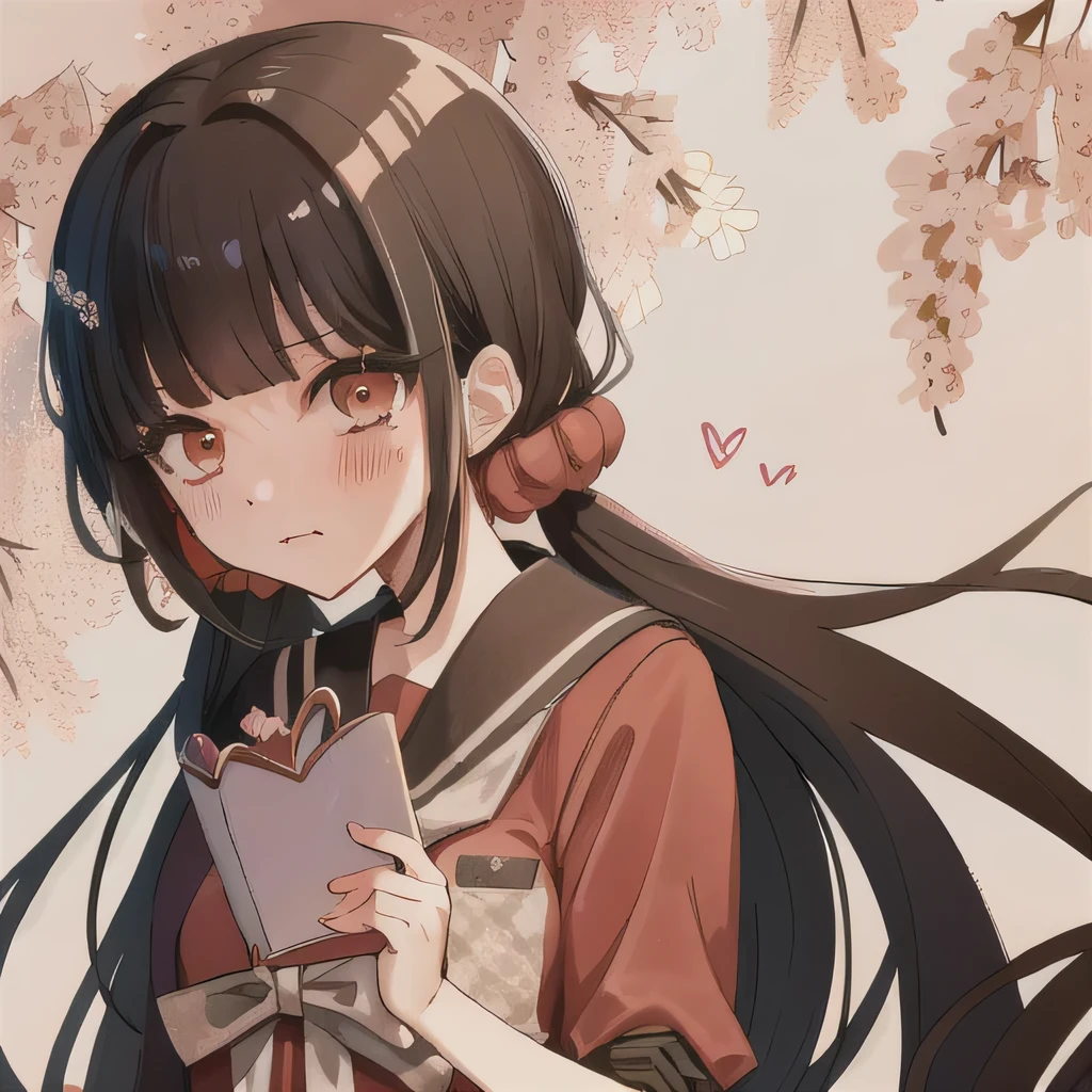 Bisexual Futa Maki Harukawa, Holding love letter with heart on it for female viwer, solo, bangs, school standing under sakura tree background with words (Girls Love), upper body, looking at female viewer with shy blushing smile. Holding a love letter with heart on it! 