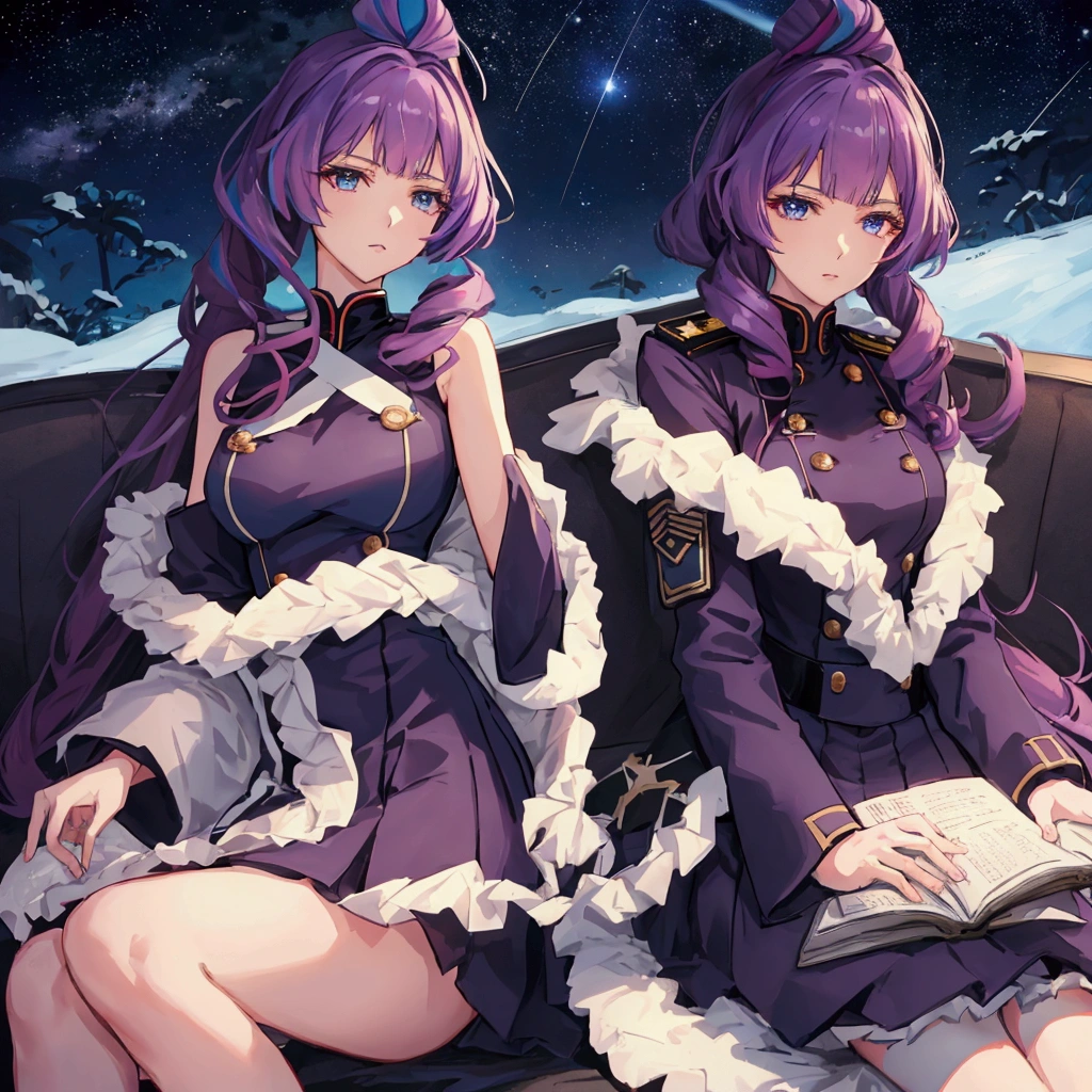 Night sky background, night time, Military uniform, dark blue uniform, white cape, 1girl, solo,  Mikumo Guynemer, Macross delta, high collar, shining hair, sitting on couch, facing viewer, arrogant, 