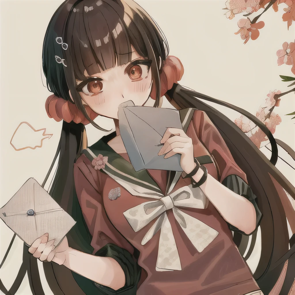 Bisexual Futa Maki Harukawa, Holding love letter with heart on it for female viwer, solo, bangs, school standing under sakura tree background with words (Girls Love), upper body, looking at female viewer with shy blushing smile. Holding a love letter with heart on it! 