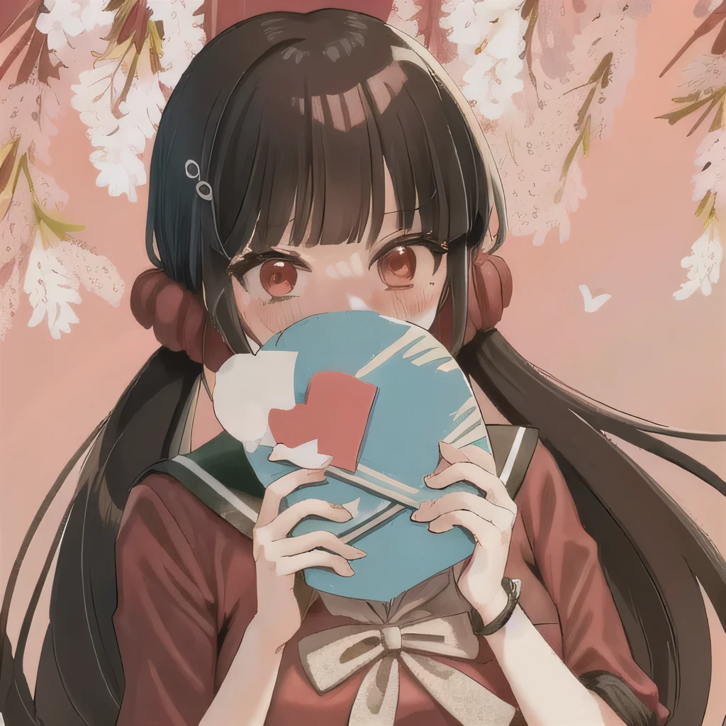 Bisexual Futa Maki Harukawa, Holding love letter with heart on it for female viwer, solo, bangs, school standing under sakura tree background with words (Girls Love), upper body, looking at female viewer with shy blushing smile. Holding a love letter with heart on it! 