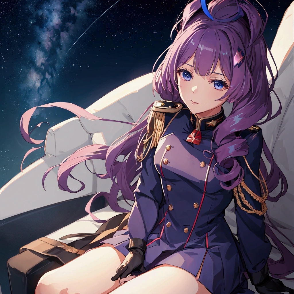 Night sky background, night time, Military uniform, dark blue uniform, white cape, 1girl, solo,  Mikumo Guynemer, Macross delta, high collar, shining hair, sitting on couch, facing viewer, arrogant, 