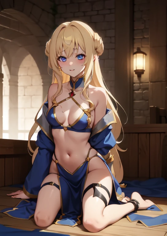 woman, blonde hair, torn clothes, Dark lighting, priestess, waruochi, goblinSlayerPriestess_priestess