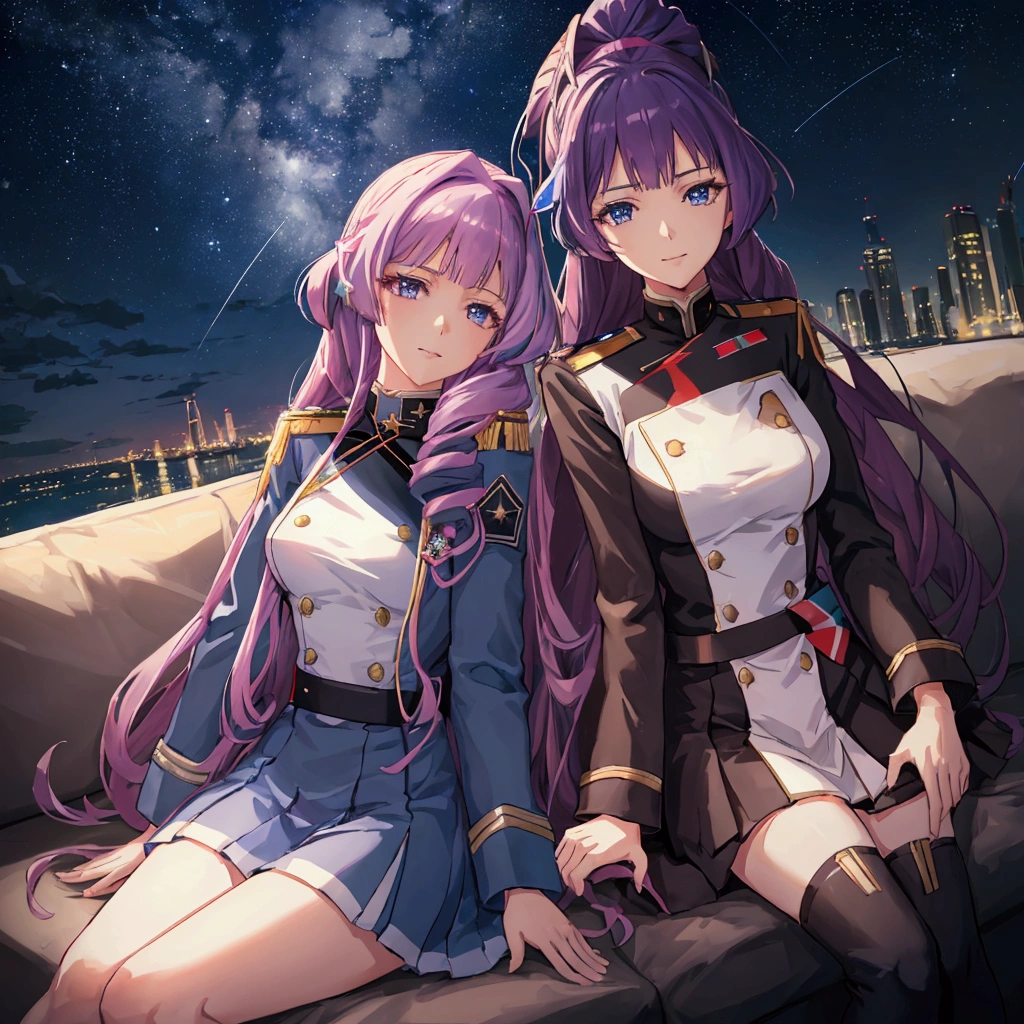 Night sky background, night time, Military uniform, dark blue uniform, white cape, 1girl, solo,  Mikumo Guynemer, Macross delta, high collar, shining hair, sitting on couch, facing viewer, arrogant, 