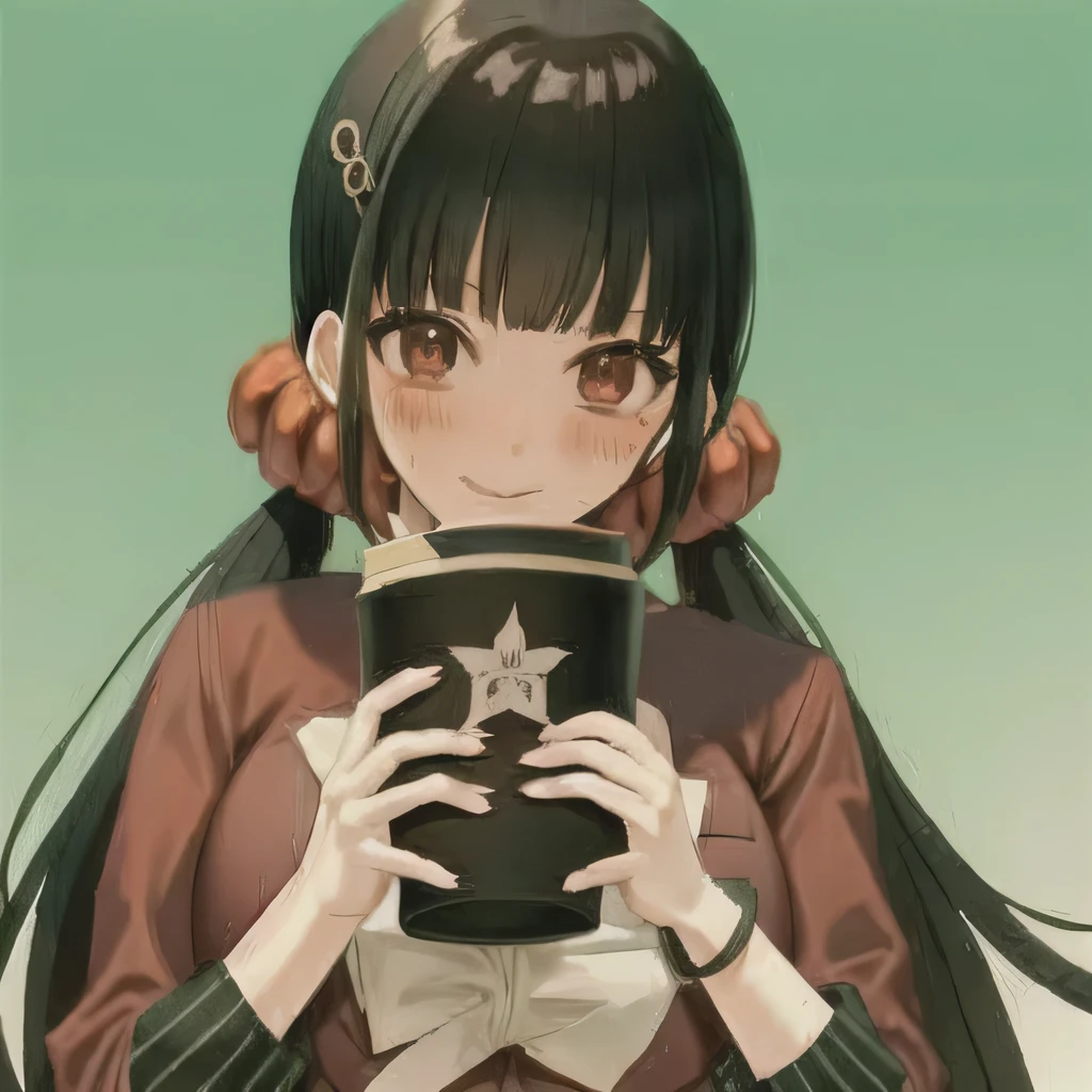 Bisexual Futa Maki Harukawa, Holding starbucks coffee, solo, bangs, Cafe background, upper body, looking at female viewer with shy blushing smile. Holding starbucks coffee! 