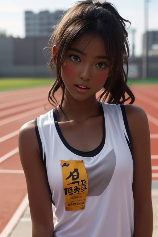 (((( one girl )))), Beautiful breasts、 Brown eyes, ((Gal Hairstyles)) blonde, girl, (Eye and facial details:1.0), break, (masterpiece, Highest quality, Very detailed, Detailed face, 8k),( dark skin:1.8 ), (((( track and field uniform )))),( open mouth )