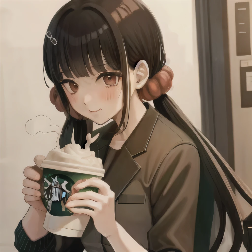 Bisexual Futa Maki Harukawa, Holding starbucks coffee, solo, bangs, Cafe background, upper body, looking at female viewer with shy blushing smile. Holding starbucks coffee! 