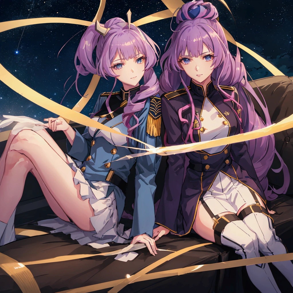 Night sky background, night time, Military uniform, dark blue uniform, white cape, 1girl, solo,  Mikumo Guynemer, Macross delta, high collar, shining hair, sitting on couch, facing viewer, arrogant, 