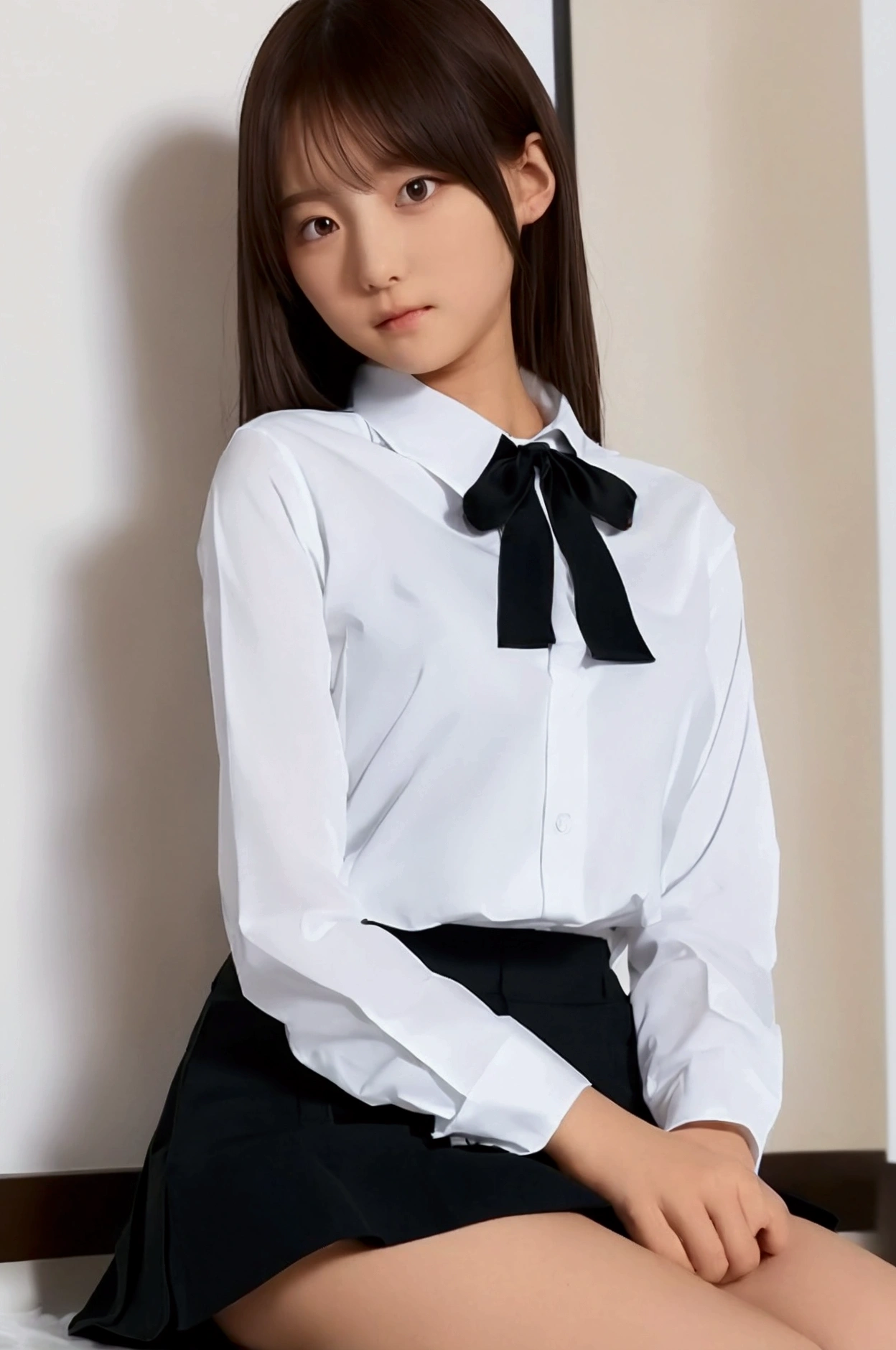 Minami Kotori, 1girl in, Solo, masutepiece, 1girl in, best qualtiy, (Small:1.3)、Ultra Detail, (shiny), School uniform, ((Bedroom)), Indoors, bed, :P, blush, Ray tracing,Perfect Lighting, (Shiny skin:1.2),reflection, long_hair, up looking_で_viewer, blush, Skirt, bow ribbon, Twin-tailed, yellow_Eyes, pantyhose, Bag, Black_pantyhose, Low_Twin-tailed, light_brown_hair, Halo, , NSFW, On Body, Tindall Effect, Realistic, Shadow Studio, Rim lighting, dual-tone lighting, (High Detail Skins: 1.2), 8K UHD, Digital SLR, Soft light, High quality, Volume Light, Sneak Shots, Photo, High resolution, 4K, 8K, Background blur,　shinny skin、Exposed thighs!!!、