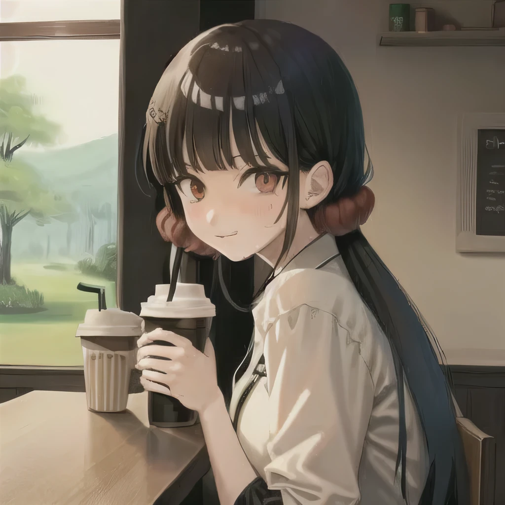 Bisexual Futa Maki Harukawa, Holding starbucks coffee, solo, bangs, Cafe background, upper body, looking at female viewer with shy blushing smile. Holding starbucks coffee! 