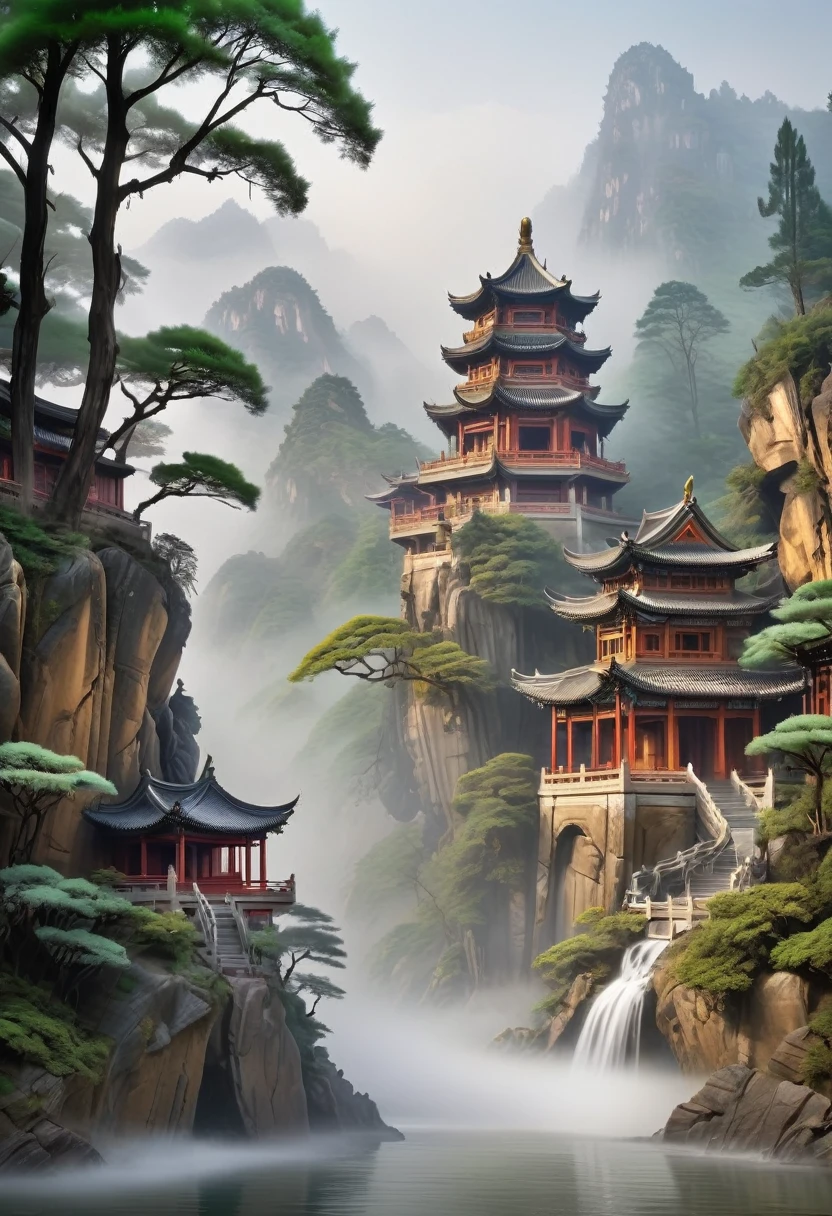 Majestic ancient temple buildings on high mountain cliffs in the vast and towering mountains of the fairyland forest(Close-up of exquisite wooden ancient temple architecture) Very beautiful Chinese scenery surrounded by thick fog, Ethereal Otherworldly Movie Scene Details Intricate Art Masterpiece Masterpiece Actual, Fresh and elegant aesthetic style, ink and wash paintings are very beautiful, perfect composition, intricate details, Super refined and beautiful quality work from the hands of a master