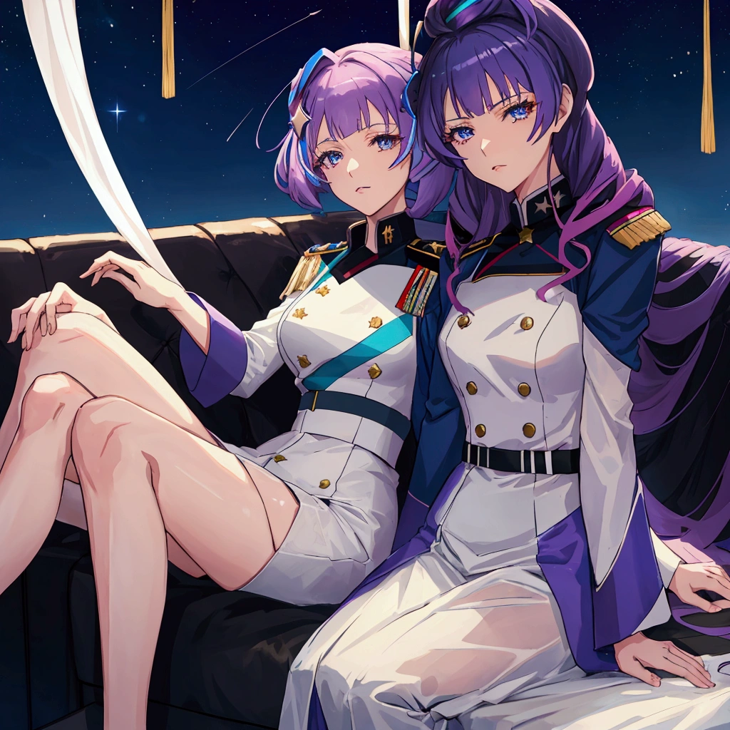 Night sky background, night time, Military uniform, dark blue uniform, white cape, 1girl, solo,  Mikumo Guynemer, Macross delta, high collar, shining hair, sitting on couch, facing viewer, arrogant, 