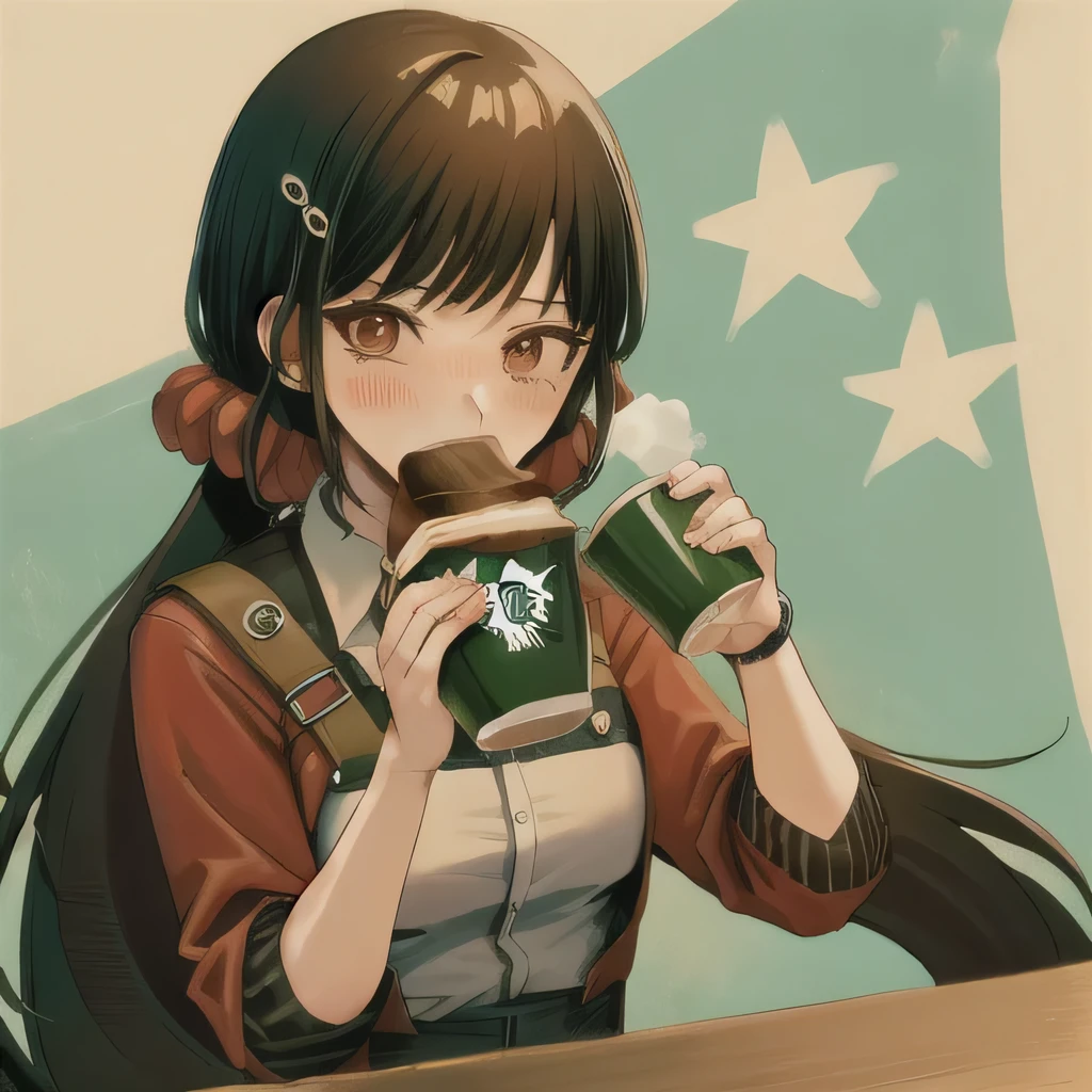 Bisexual Futa Maki Harukawa, Holding starbucks coffee, solo, bangs, Cafe background, upper body, looking at female viewer with shy blushing smile. Holding starbucks coffee! 