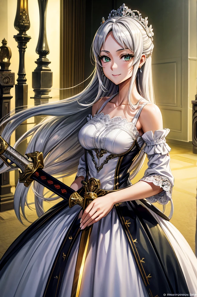 Satou Shouji, EFT_hotd_orange, 1 girl, bare shoulders, mirando head on, standing, large old, silver hair, armor, smile, Alone, Skirt, green eyes, old, dress, neckline, nails, nails largas, by the wide, dress blanco, lace, sword, corona, realist, 8k quality, High quality, he ran, long legs, dress de novia, Princess, head on, Whole body, mirando head on, Look at the viewer, way a way, Best Quality, intricate details, beautiful, Beautiful ornaments, Neutral light, dull, natural light, Charturnerv2