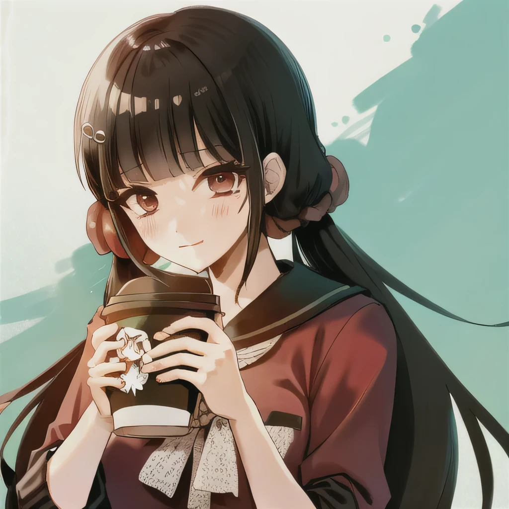 Bisexual Futa Maki Harukawa, Holding starbucks coffee, solo, bangs, Cafe background, upper body, looking at female viewer with shy blushing smile. Holding starbucks coffee! 