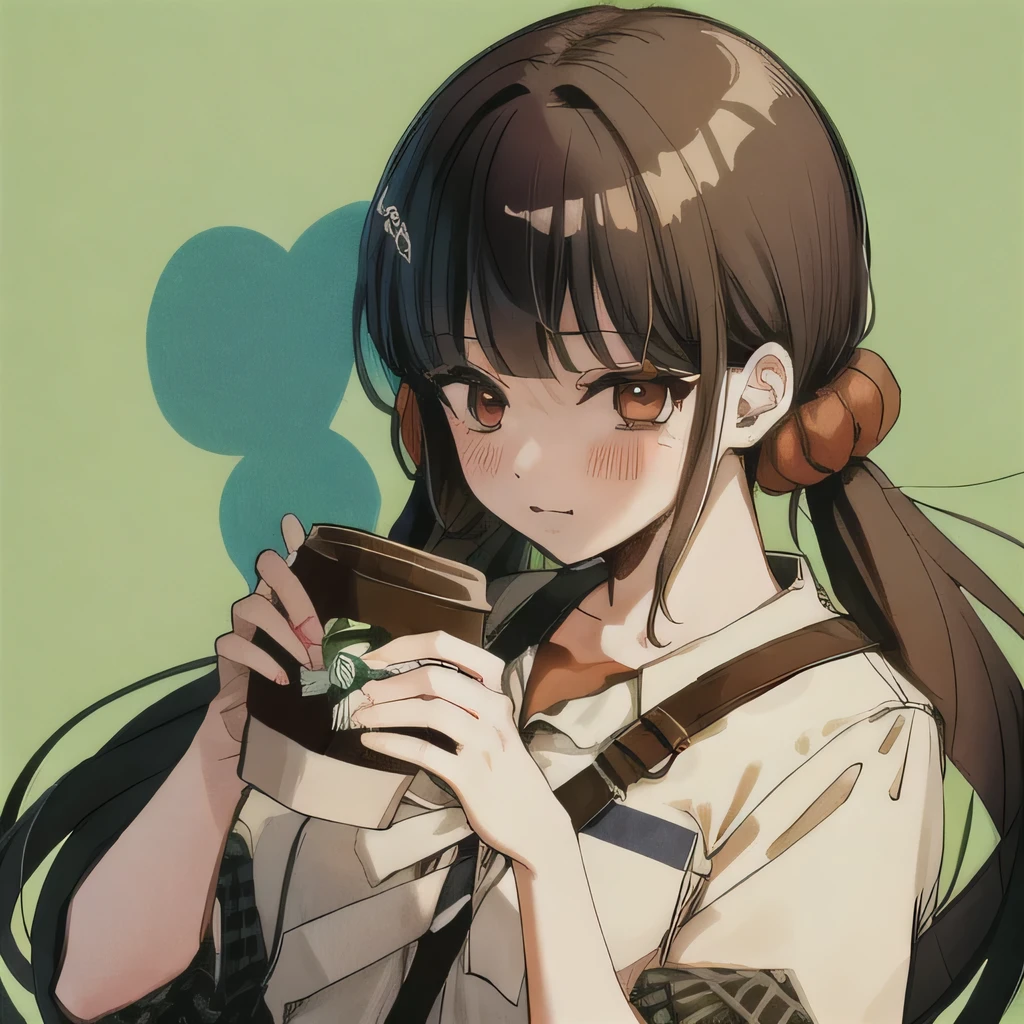 Bisexual Futa Maki Harukawa, Holding starbucks coffee, solo, bangs, Cafe background, upper body, looking at female viewer with shy blushing smile. Holding starbucks coffee! 