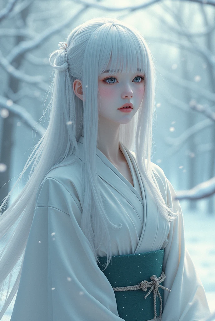 A Japanese woman with sad eyes and long white hair, wearing a kimono, stood amidst the snow falling from the sky.