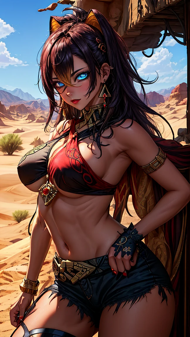 (masterpiece:1.2), best quality, high resolution, unity 8k wallpaper, (illustration:0.8), (beautiful detailed eyes:1.6), extremely detailed face, perfect lighting, extremely detailed CG, (perfect hands, perfect anatomy), leaning forward showing her chest, sexy, NSFW, blush, looking at viewer, small boobs, sexy pose, (in a twilight oasis), (ancient desert). Take care to draw hands with no errors, (no_bad_hands, no_bad_eyes, no_bad_body).