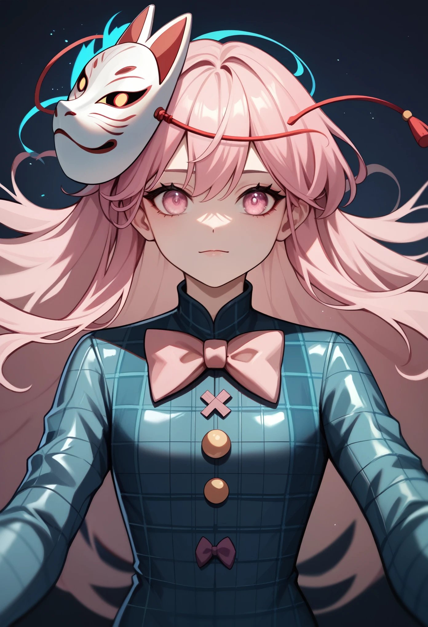 (masterpiece, Highest quality, Ultra-high resolution), 1girl, Hata no Kokoro, fox mask, Pink hair, long hair, pink eyes, Emotionless face, mask on head, closed mouth,  (dark blue latex bodysuit), plaid pattern on suit, The clothes fit perfectly, pink bowtie, latex has a strong metallic sheen, Glossiness, shiny, whole body slimy,  cute face, anime face,