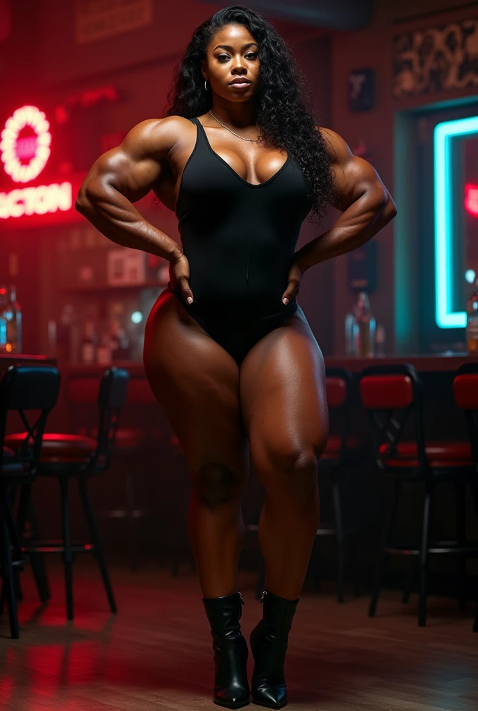 (Muscular:2.2), (thick thighs:2.2),
(black female, african-american, african, dark brown skin:2.5), (black hair:1.4), pale skin, (blunt bangs:1.5), (laughing:1.7), (long hair:1.2),
(eyeshadow, lipstick, red lips:1.5), hoop earrings,
(hard nipples),
(halter top:1.4), (skirt:1.8), (pantyhose:1.4), (stiletto heels:1.4), (cigarette:1.3), cleavage, beret,
(looking at viewer:1.3), (three quarter view:1.3), (from above), (full body view),
(at a French bar:1.5), rim lighting, detailed skin, detailed eyes, two tone lighting, dim lighting, bokeh