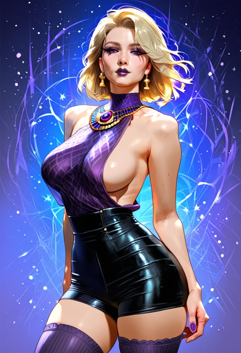 punk sorceress, long blue dress, leg slit, panty shot, panty slip, wardrobe malfunction, pink panties, blonde hair