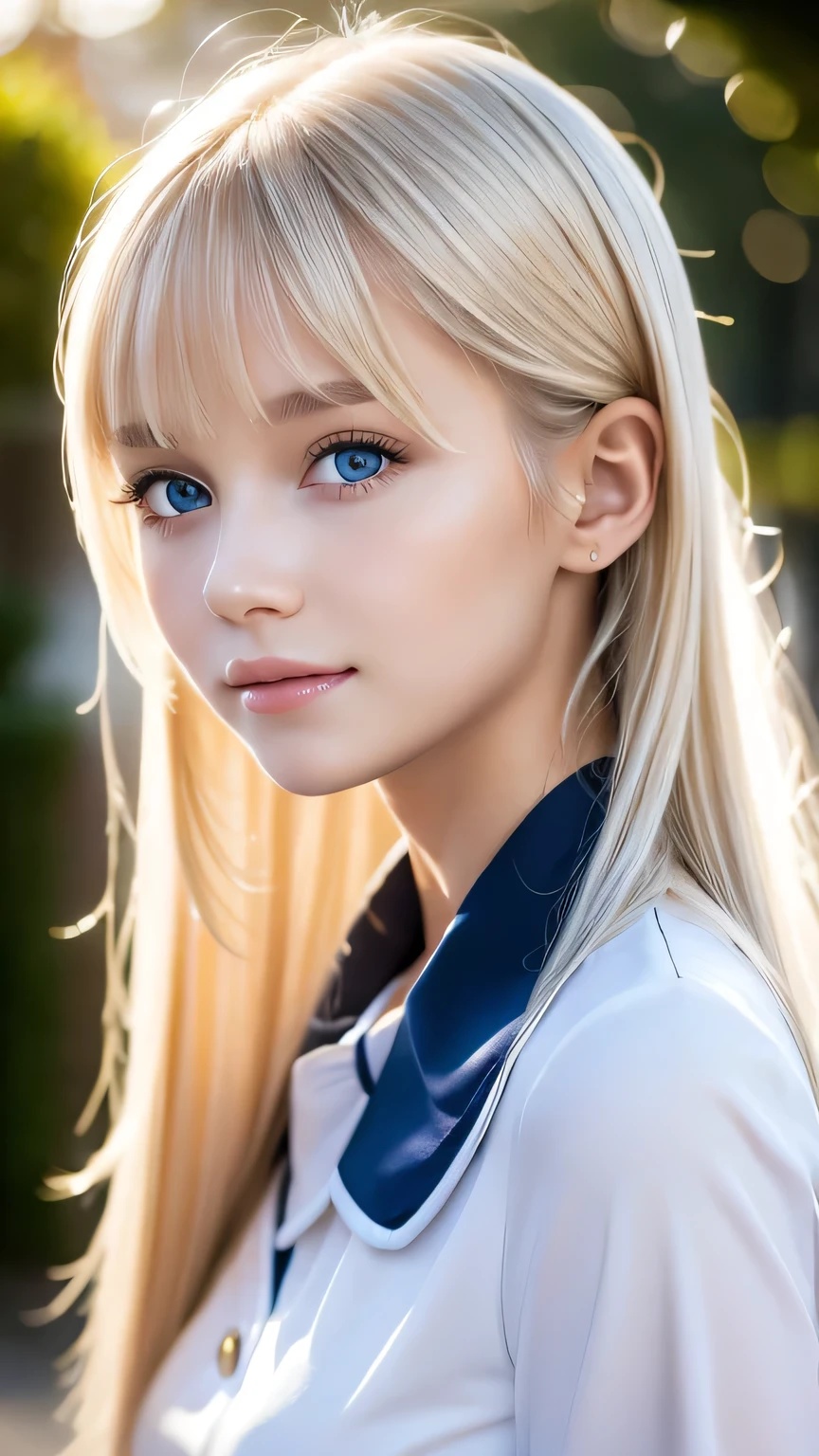 Portrait、School uniform、Bright expression、ponytail、Young, lustrous, glowing, white skin、The best beauty、Blonde reflection、Platinum blonde hair with dazzling highlights、Shiny bright hair,、super long silky super long straight hair、Shiny beautiful bangs、Sparkling, translucent, captivating, large blue eyes、Very beautiful lovely cute girl、Ample Bust