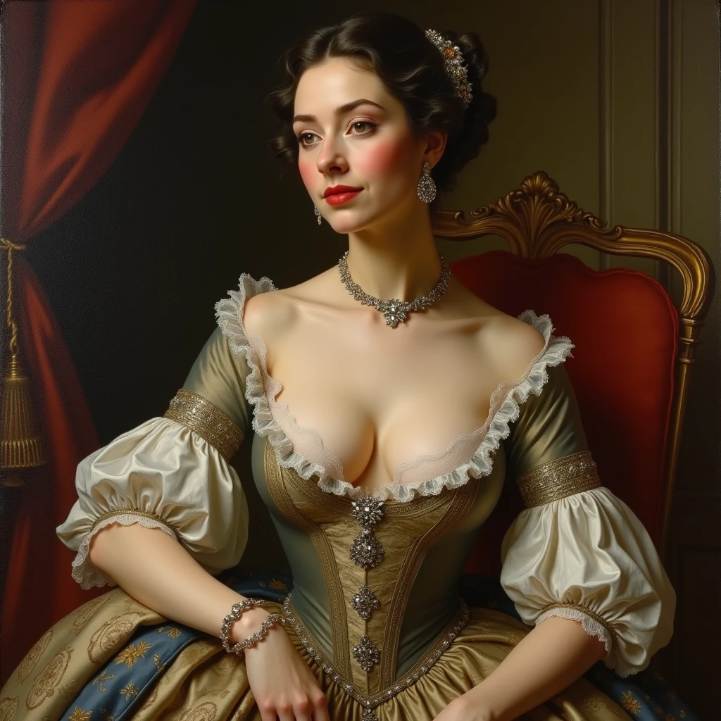 (highres,masterpiece:1.2),(realistic:1.37)"(best quality, highres, ultra-detailed, realistic),beautiful 19th-century portrait of a 16-year-old French ballet dancer, (She is half French and half Swedish, and is a stunning beauty with dark blue eyes and a high nose:1.1), ((massive breasts, gigantic breasts, sagging breasts, cleavage)), elaborate ballet costume, detailed facial features, long graceful neck, flowing locks of hair, poised and elegant posture, soft and delicate lighting, classic oil painting medium, vibrant colors, subtle background with floral motifs"