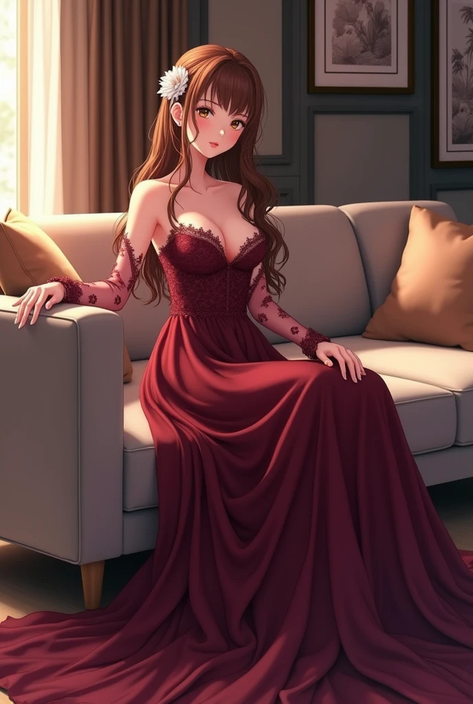 A very beautiful anime style girl super ultra HD 8k high quality resolution A beautiful animated-style woman with long flowing brown hair, sitting gracefully on a modern sofa in a luxurious room. She is wearing an elegant, deep red, off-shoulder evening gown with intricate lace details. The gown has a long, sheer train that drapes elegantly over the edge of the sofa. The woman is surrounded by lush flower arrangements in various shades of pink, purple, and red. She has a serene expression on her