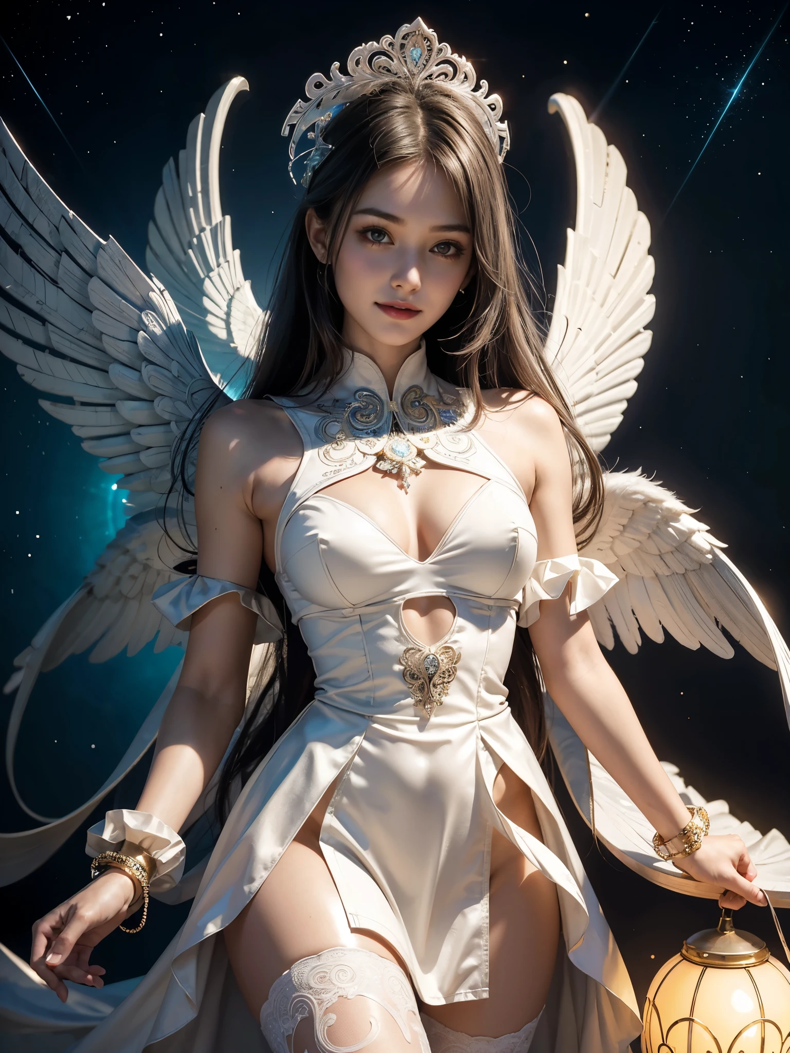 Cyborg, Girl, Beautiful girl, Cute, Sexy, Strong, Slender, Delicate, Smile, (****ta costume), High legs, Metallic, ultra color, paisley, mandalas, Near future, Heaven, angel, feater, wing, Helix lamp, (The wings are symmetrically paired;1.5),
