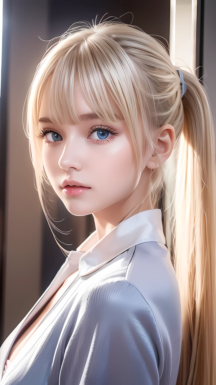 Portrait、School uniform、Bright expression、ponytail、Young, lustrous, glowing, white skin、The best beauty、Blonde reflection、Platinum blonde hair with dazzling highlights、Shiny bright hair,、super long silky super long straight hair、Shiny beautiful bangs、Sparkling, translucent, captivating, large blue eyes、Very beautiful lovely cute girl、Ample Bust