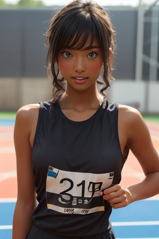 (((( one girl )))), Beautiful breasts、 Brown eyes, ((Gal Hairstyles)) blonde, girl, (Eye and facial details:1.0), break, (masterpiece, Highest quality, Very detailed, Detailed face, 8k),( dark skin:1.85 ), (((( track and field uniform )))),( open mouth )