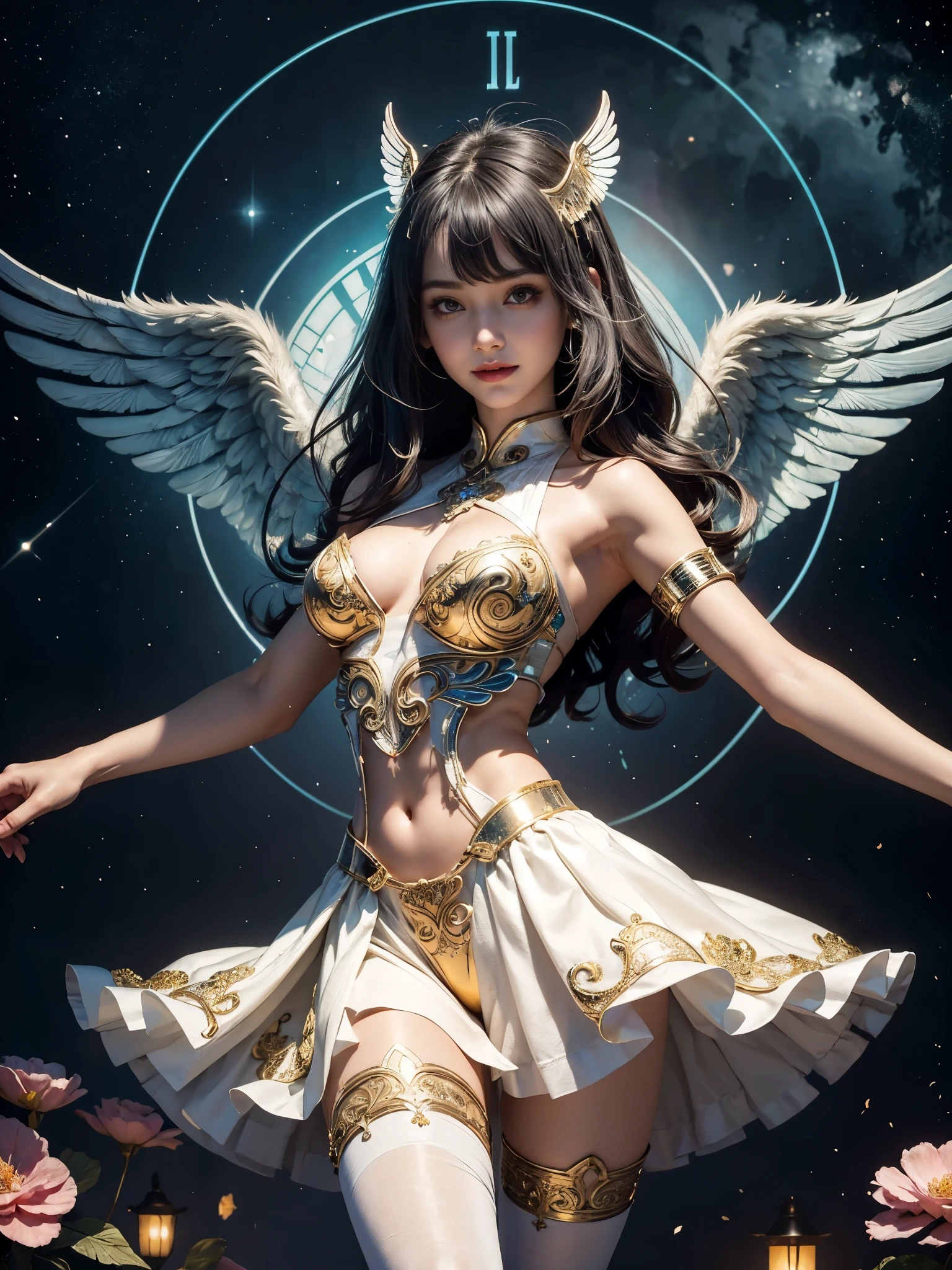 Cyborg, Girl, Beautiful girl, Cute, Sexy, Strong, Slender, Delicate, Smile, (Lolita costume), High legs, Metallic, ultra color, paisley, mandalas, Near future, Heaven, angel, feater, wing, Helix lamp, (The wings are symmetrically paired;1.5),
