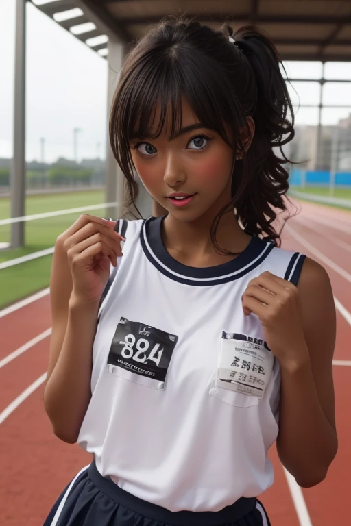 (((( one girl )))), Put your hand over your mouth、Beautiful breasts、 Brown eyes, ((Gal Hairstyles)) blonde, girl, (Eye and facial details:1.0), break, (masterpiece, Highest quality, Very detailed, Detailed face, 8k),( dark skin:1.9 ), (((( track and field uniform )))),( open mouth )