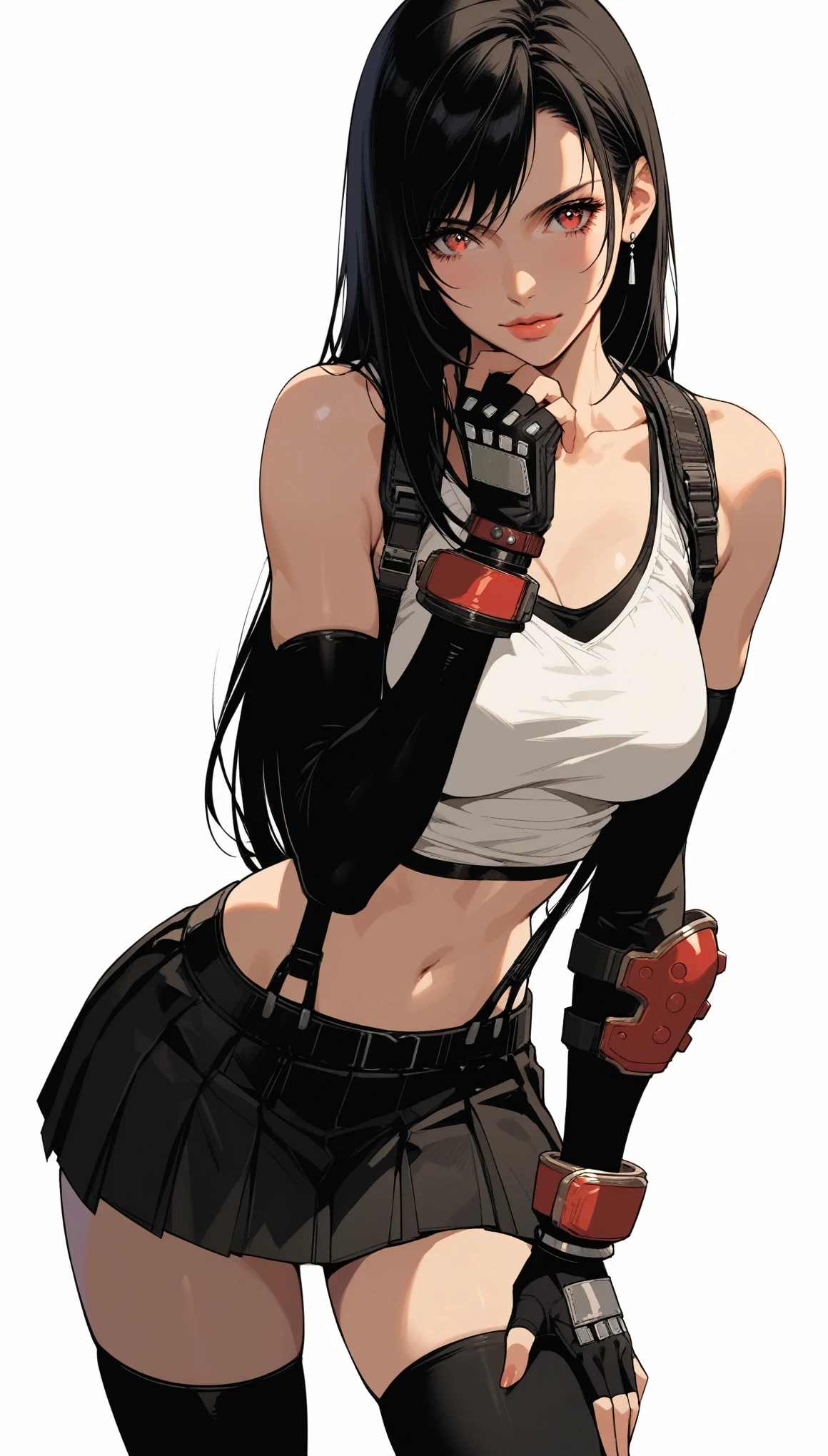 score_9, score_8_up, score_7_up, score_6_up, dark theme，sinozick style
hanaflans final_fantasy final_fantasy_VII final_fantasy_VII_rebirth final_fantasy_VII_remake tifa_lockhart english_commentary highres 1girl armpit_peek bare_shoulders black_gloves black_hair black_skirt black_sports_bra black_thighhighs bracelet breasts closed_mouth cowboy_shot crop_top elbow_gloves fingerless_gloves gloves hand_on_own_hip hand_up jewelry leaning_forward lips long_hair looking_at_viewer medium_breasts midriff miniskirt navel one_eye_closed open_hand pink_lips pleated_skirt red_eyes simple_background single_arm_guard single_sidelock skirt smile solo sports_good suspender_skirt suspenders swept_bangs tank_top thigh highs kneepits crop top crop top pull zettai_ryouiki，skirt lift,Dynamic Angle，Dynamic poses，Dutch angle，