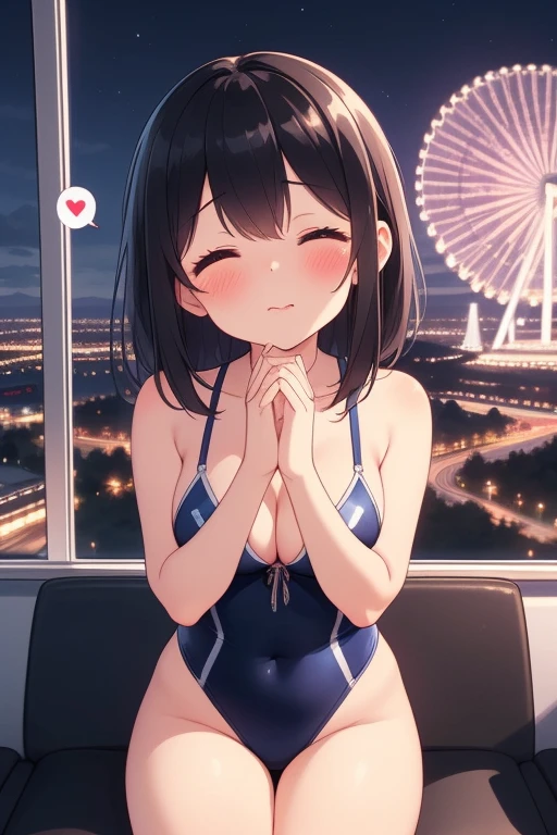 masterpiece, best quality,girl,ultra detail,blush,closed eyes,kissing,close up,cleavage,shy,night,town,ferris wheel,overlooking the scenery,glass housing in low sky,amusement park, sitting facing viewer,fireworks,spoken heart,join hands,black high leg swimsuit