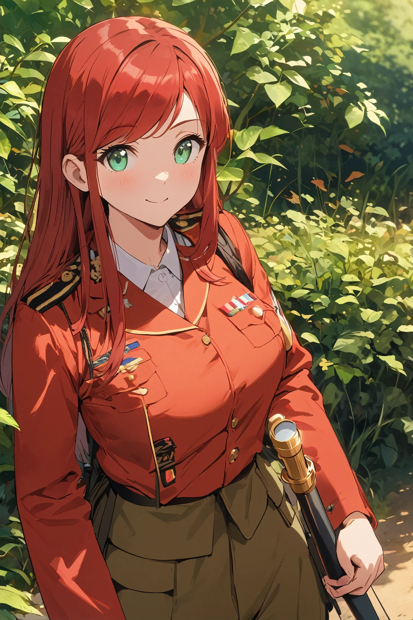 ((masterpiece)), Highest quality, 4k, ((anime style)), ((ultra-detailed)), 1girl, (red hair), (long straight hair:1.2), (short bangs, left-parted bangs, and right hard swept bangs:1.2). (applegreen eyes:1.2), (large breast:1.1), red jacket, (khaki uniform), (british army officer:1.2), (wide-leg pants:1.2), (Holding a saber:1.2), smile,