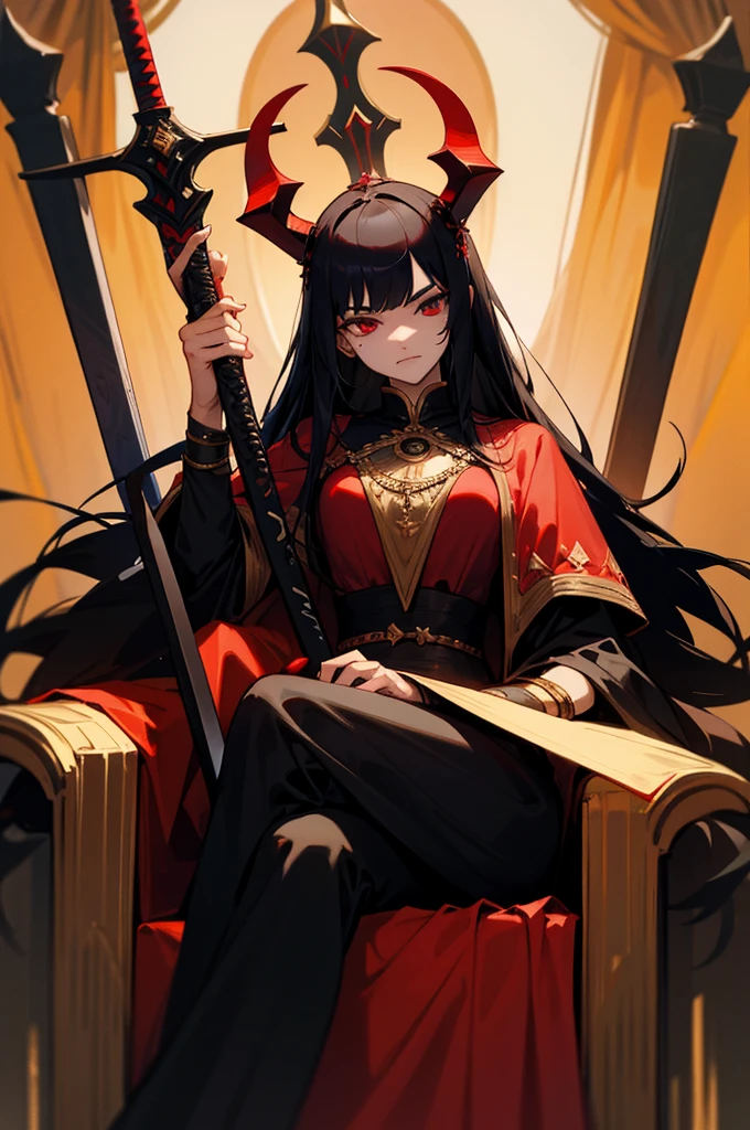 He wears a red crown and devil horns on his head., She ruled the demon world for a long time., straight hair.Black-haired Karak, Sitting on a mystical throne like a god, Sit on the throne and cross your legs., Eyes red, He is holding a black fancy sword,Wearing black and fancy clothes, One hand is holding a sword, and the other hand seems to be thinking.,  It&#39;s inside the magnificent Demon King&#39;s Castle