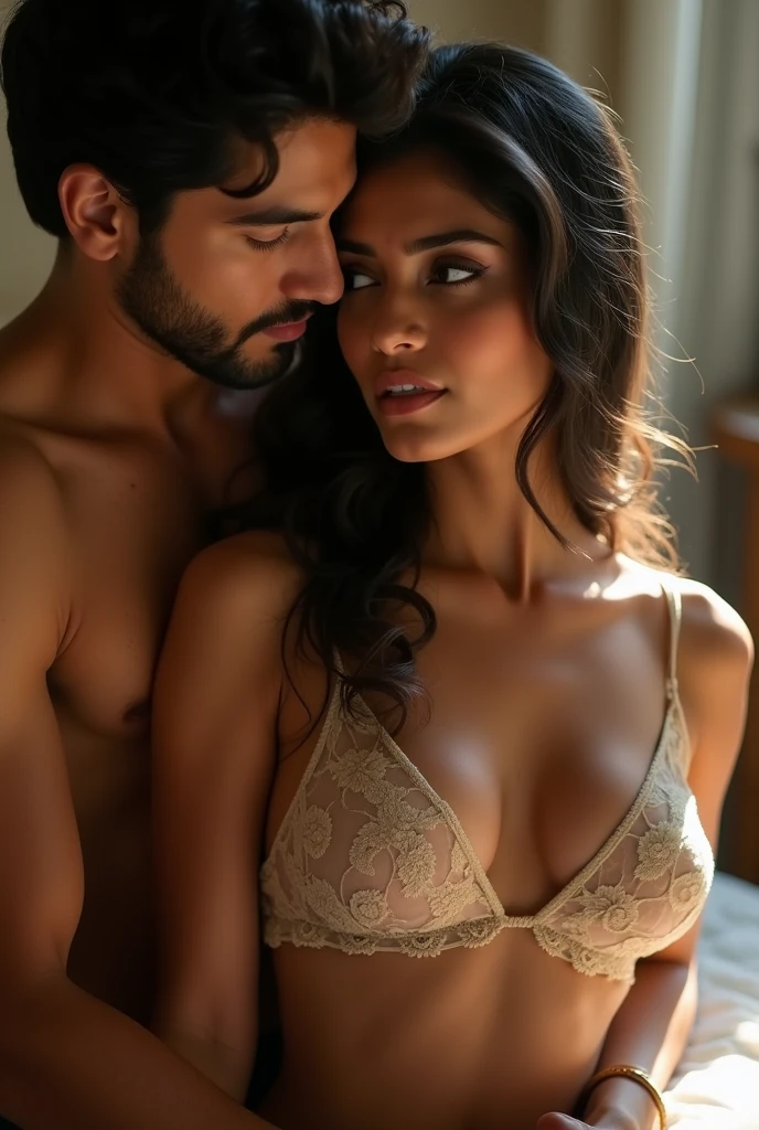 d indian girl and boy, just out of bath, she is drenched, drying her hair with towel, natural scene, wearing a low v cut transparent wet blouse, she is wearing no bra, boy is hugging her from behind, boy is grabbing breast transparent plain teal saree that covering only one side of her boobs, her cge seen, shher cozy and simple home